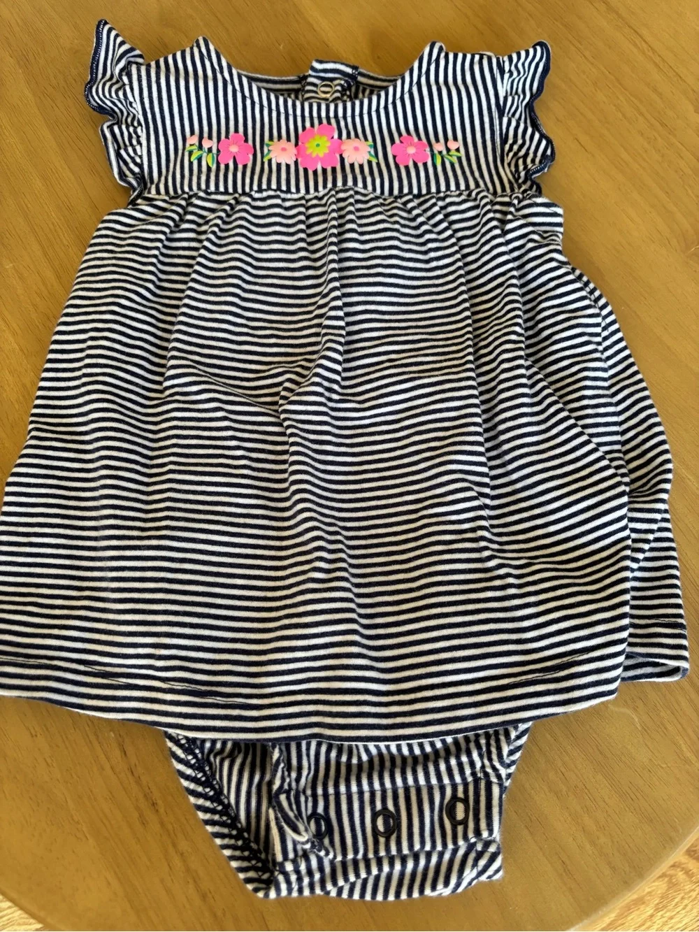 Striped Navy & White Kids Dress with Pink Floral Trim